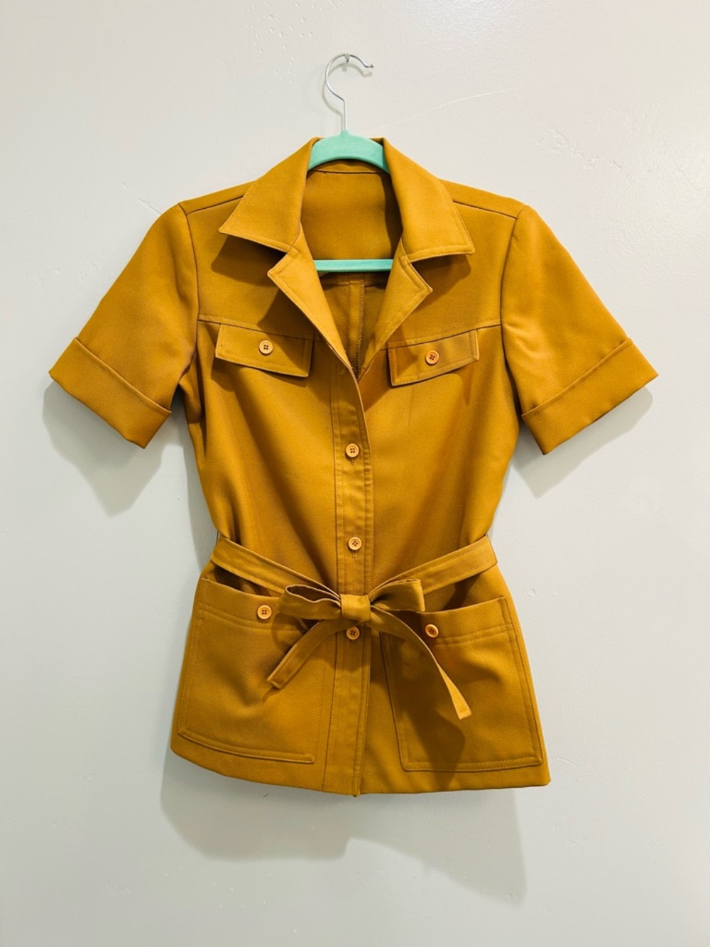 Vintage 70s Mustard Yellow Safari Jacket // Retro Utility Belted Shacket Boho S